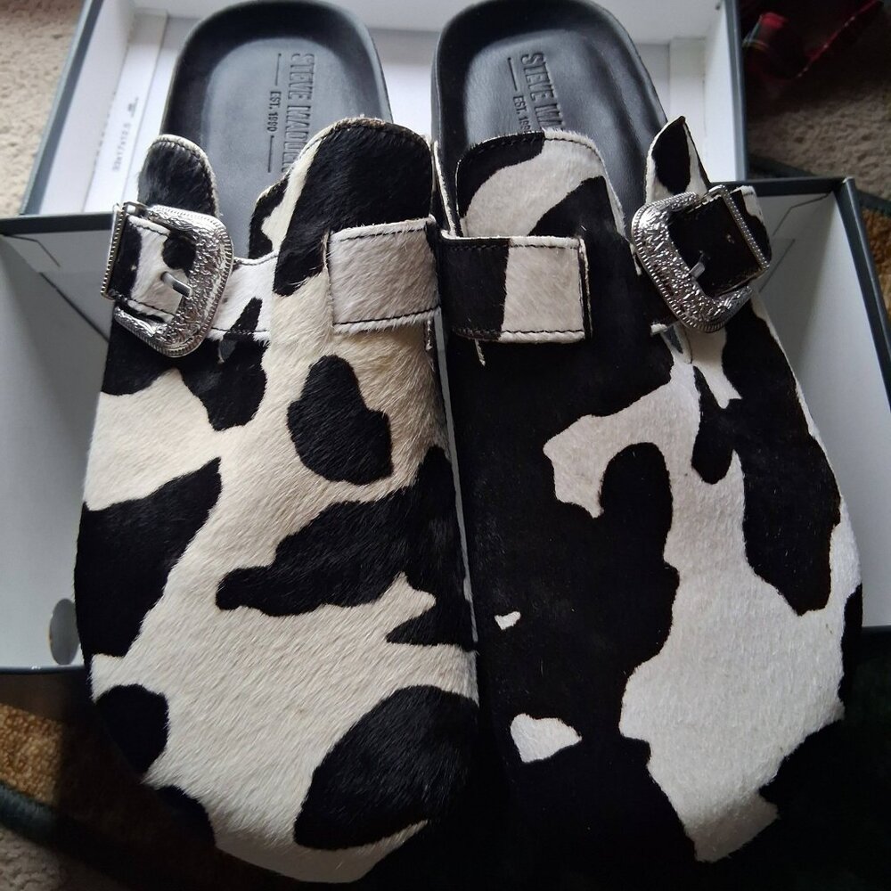 Steve Madden Men's Wooly Black Multi Cow Print Leather Slip on Slides sz 11